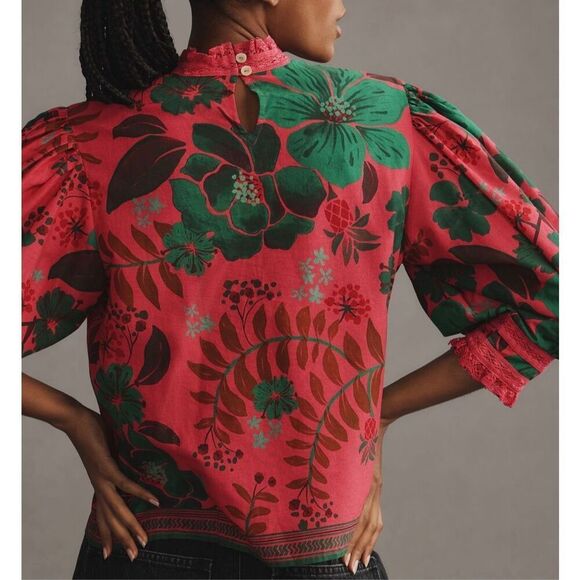 Farm Rio Floral Yard Blush Volumious Puff Half Sleeves High Collar Blouse XS - Picture 2 of 15